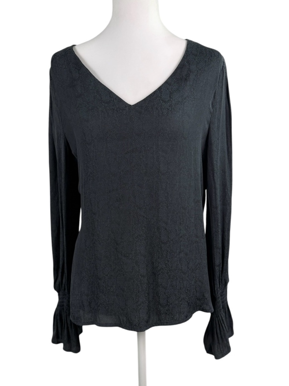A New Day Dark Gray Top, Size M, Gothic Print, Bell Sleeves, Stylish Elegance